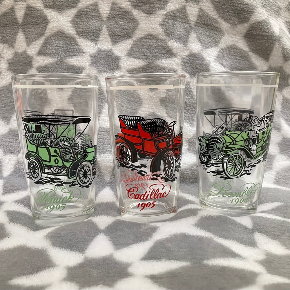Vintage Set of 3 Hazel Atlas Antique Car Glasses - Buick Cadillac